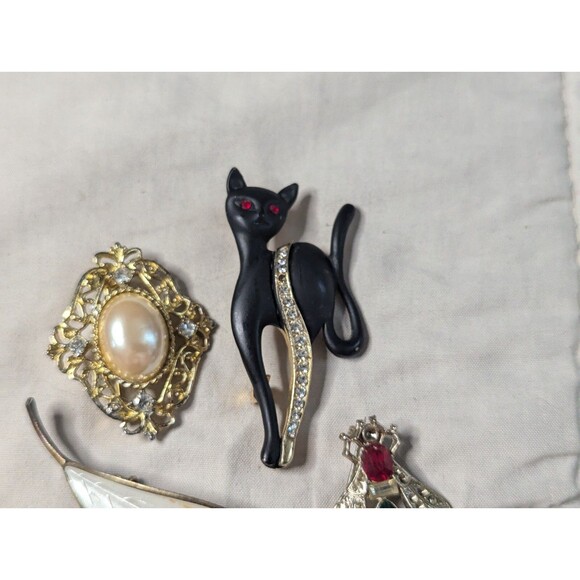 Lot Of 4 Vintage Pins Black Cat Fly Bee Leaf Cabochon Norway Sterling - Picture 3 of 16